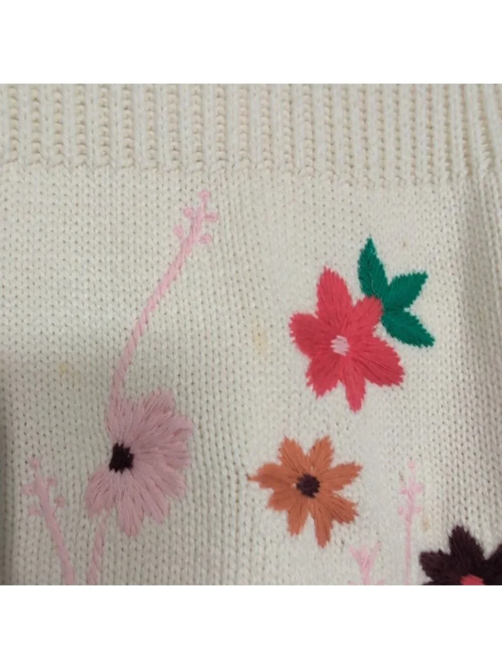 Talbots Embroidered Floral Sweater Womens Size Large Cream Knit Mock Neck